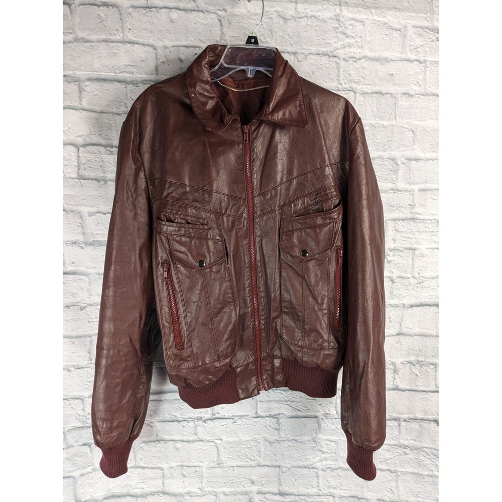 Vintage 80's Leather Bomber Biker Jacket Oxblood Zip Liner mens  Large